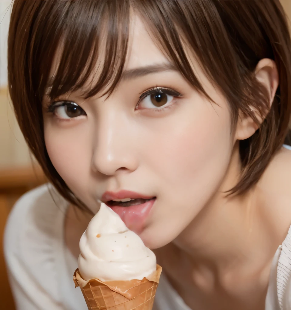 NSFW、highest quality、8k、masterpiece、ultra high resolution、clear pictures、realistic pictures、Photoreal、professional lighting、Natural light、Cinematography、A cute boy、short bob hair、brown hair、small breasts、white underwear、Eat with soft serve ice cream:1.8、lick soft serve ice cream:1.8、apply cream on the face:1.6、apply white cream to the cheeks:1.6、close up of face、expression of joy