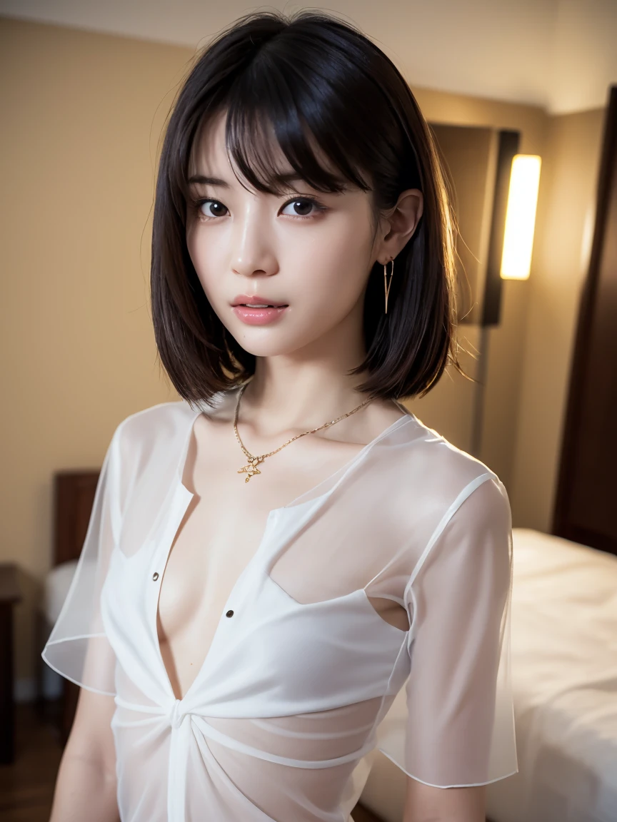 masterpiece:1.2, Very detailed, Ultra-high resolution, Realistic, photo Realistic:1.6, High-resolution RAW color photos, Professional photos, Sharp focus:1.2, Very detailed顔と肌の質感, Very beautiful eyes, Glossのある肌, Glowing Skin, Glowing Skin, Shining Face, Gloss, Oily skin, greasy face, Oily skin, greasy face,, real Glossのある肌 texture, Perfect Anatomy, Very detailed背景,(Luxury resort room at night)),1 female,2 woman, Japanese women,height: 168cm,short hair, Straight hair, bangs, Brown Hair,((Flat Chest:1.6)), (See-through white short-sleeved collared shirt),(濡れてVery see-through shirt:1.6),(Open shirt:1.3),Luxury earrings、Luxury Necklace、Very see-through shirt、Invite to sex