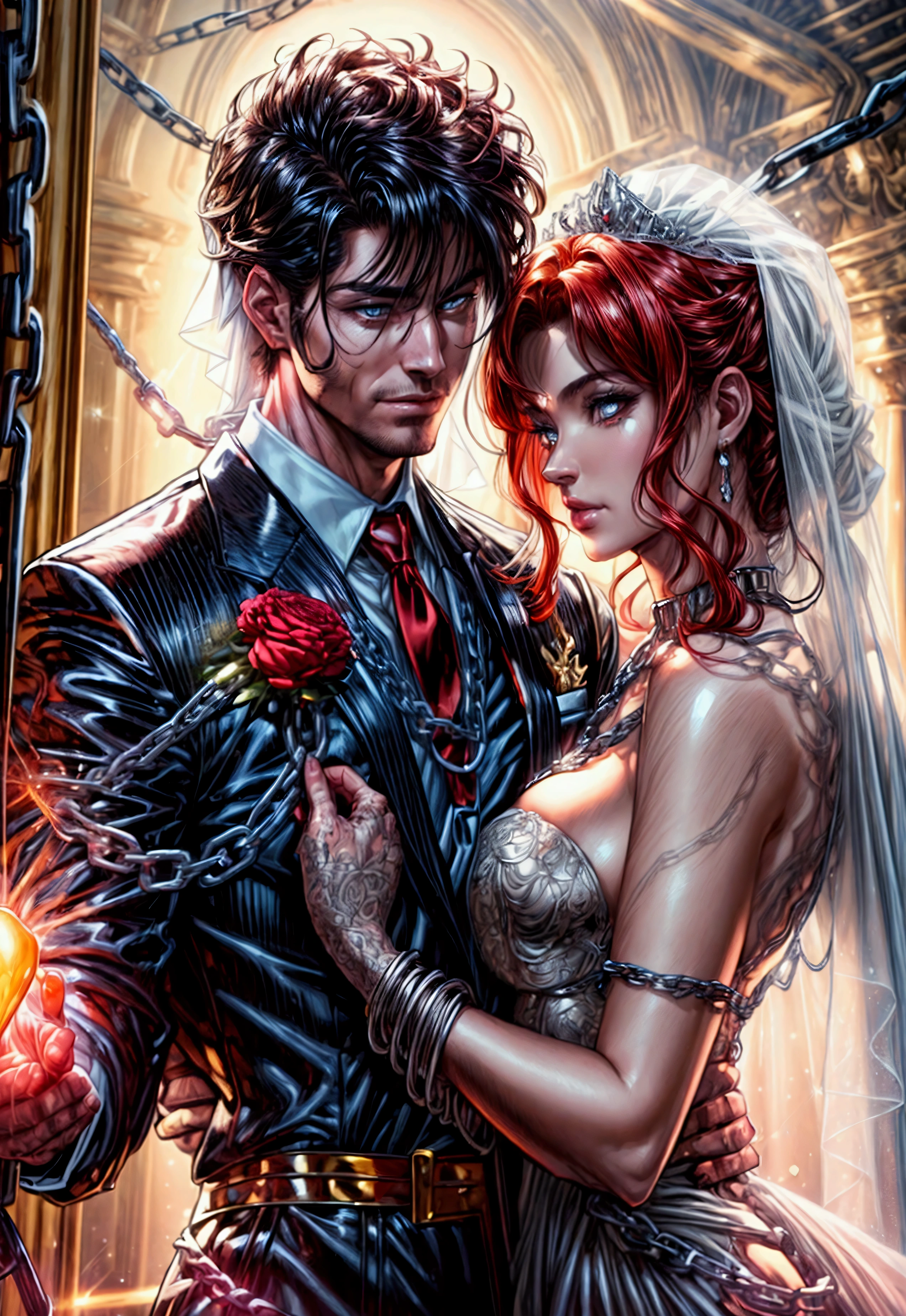 oil painting comic art, Julie Bell art of a groom held by ((radiant chains: 1.2)), in his wedding day and his bride, a handsome groom, wearing suit and tie, BREAK AND a beautiful, sexy bride, busty bride, wearing white lace wedding dress, the chain holds the groom, with chains, the chain forms the shape of red glowing heart, cinematic light, High Detail, Ultra High Quality, High Resolution, 16K Resolution, Ultra HD Pictures, Ultra Realistic, Clear Details, Realistic Detail, Ultra High Definition, rpg portrait, chain leash, Comistyle