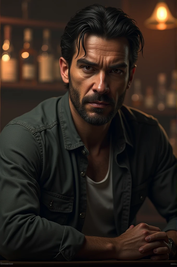 A whole body of man investigator with realistic skin and eyes in a bar