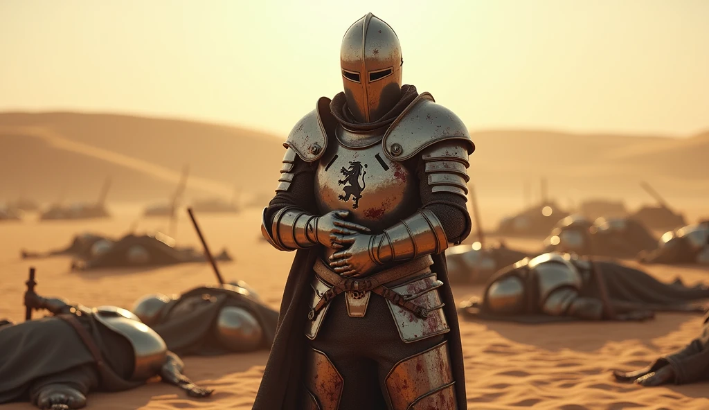 A highly realistic, high-contrast, 8K HD, detailed, hyper-detailed image of a fully armored knight bearing a lion emblem on his chest, standing while clutching his abdomen in pain after being defeated in battle. His face is obscured by a helmet, ensuring that no facial features are visible. The knight’s armor is marked by the harshness of the battle, with dents and bloodstains visible across its surface. Surrounding him are the bodies of other fallen knights, their armor similarly marked by the brutal combat. The desert sun casts a stark, unforgiving light over the scene, with long shadows stretching across the sand. The atmosphere is somber and intense, capturing the suffering and despair of the knight in his final moments. The image is of the highest quality, with ultra-high resolution, RAW photo quality, and Unreal Engine rendering, vividly depicting the tragic and harrowing scene in the vast, desolate desert.
