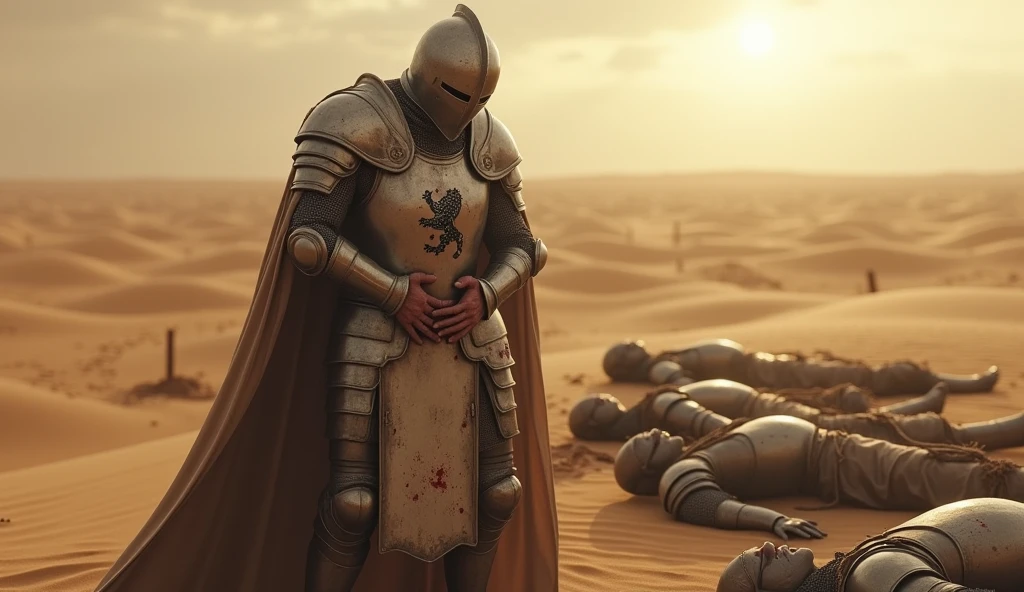 A highly realistic, high-contrast, 8K HD, detailed, hyper-detailed image of a fully armored knight bearing a lion emblem on his chest, standing while clutching his abdomen in pain after being defeated in battle. His face is obscured by a helmet, ensuring that no facial features are visible. The knight’s armor is marked by the harshness of the battle, with dents and bloodstains visible across its surface. Surrounding him are the bodies of other fallen knights, their armor similarly marked by the brutal combat. The desert sun casts a stark, unforgiving light over the scene, with long shadows stretching across the sand. The atmosphere is somber and intense, capturing the suffering and despair of the knight in his final moments. The image is of the highest quality, with ultra-high resolution, RAW photo quality, and Unreal Engine rendering, vividly depicting the tragic and harrowing scene in the vast, desolate desert.