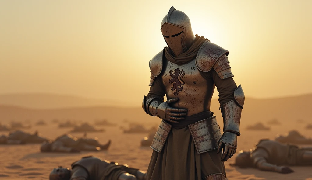 A highly realistic, high-contrast, 8K HD, detailed, hyper-detailed image of a fully armored knight bearing a lion emblem on his chest, standing while clutching his abdomen in pain after being defeated in battle. His face is obscured by a helmet, ensuring that no facial features are visible. The knight’s armor is marked by the harshness of the battle, with dents and bloodstains visible across its surface. Surrounding him are the bodies of other fallen knights, their armor similarly marked by the brutal combat. The desert sun casts a stark, unforgiving light over the scene, with long shadows stretching across the sand. The atmosphere is somber and intense, capturing the suffering and despair of the knight in his final moments. The image is of the highest quality, with ultra-high resolution, RAW photo quality, and Unreal Engine rendering, vividly depicting the tragic and harrowing scene in the vast, desolate desert.