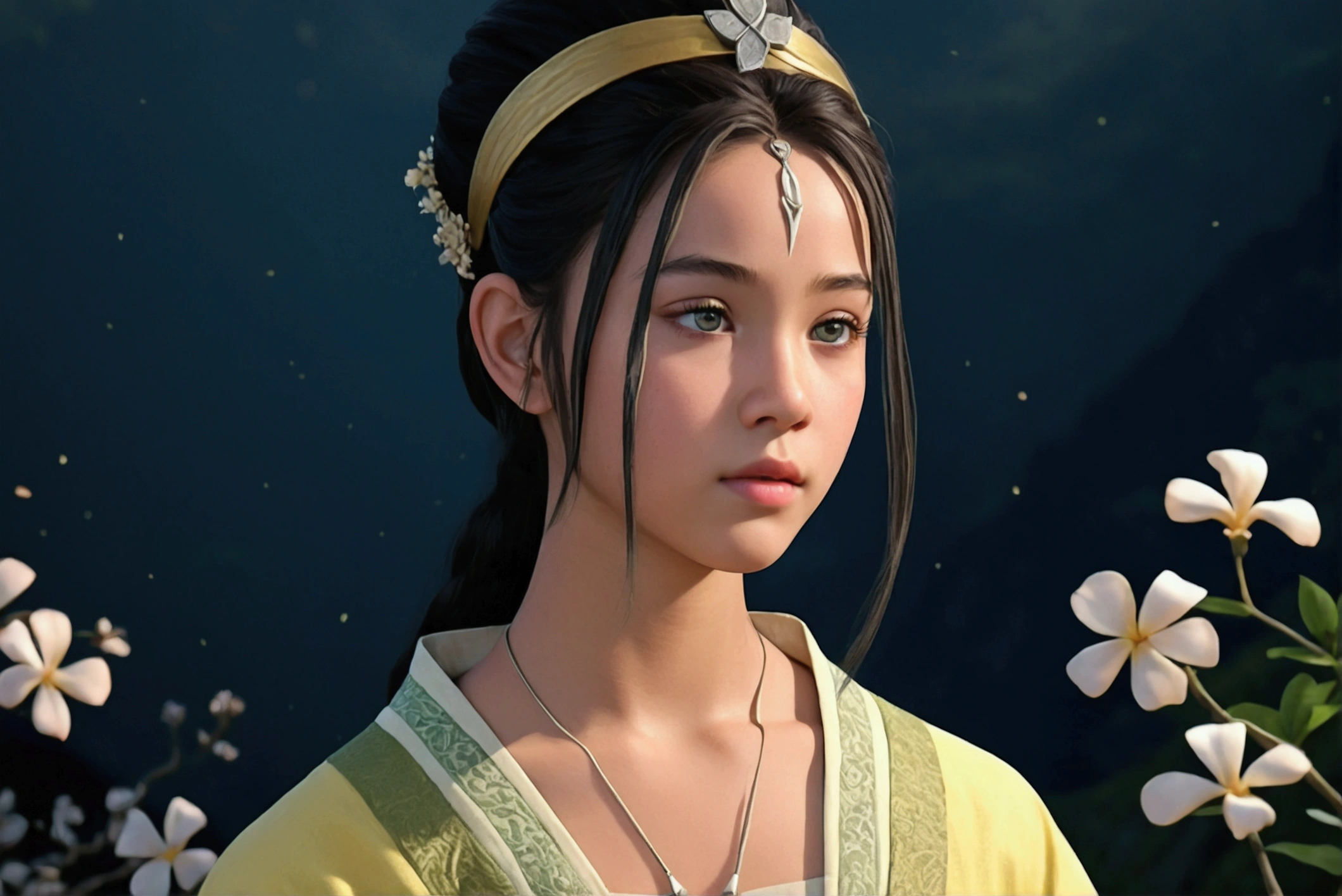 A young girl at her twelve  years old earthbender, beautiful detailed eyes, beautiful detailed lips, extremely detailed face and features, long eyelashes, dark hair, wearing traditional earth kingdom attire, posing confidently, outdoor scene with lush greenery, rocky terrain, detailed background elements, (best quality, 4k, 8k, highres, masterpiece:1.2), ultra-detailed, (realistic, photorealistic, photo-realistic:1.37), intricate details, vibrant colors, cinematic lighting, fantasy, digital art