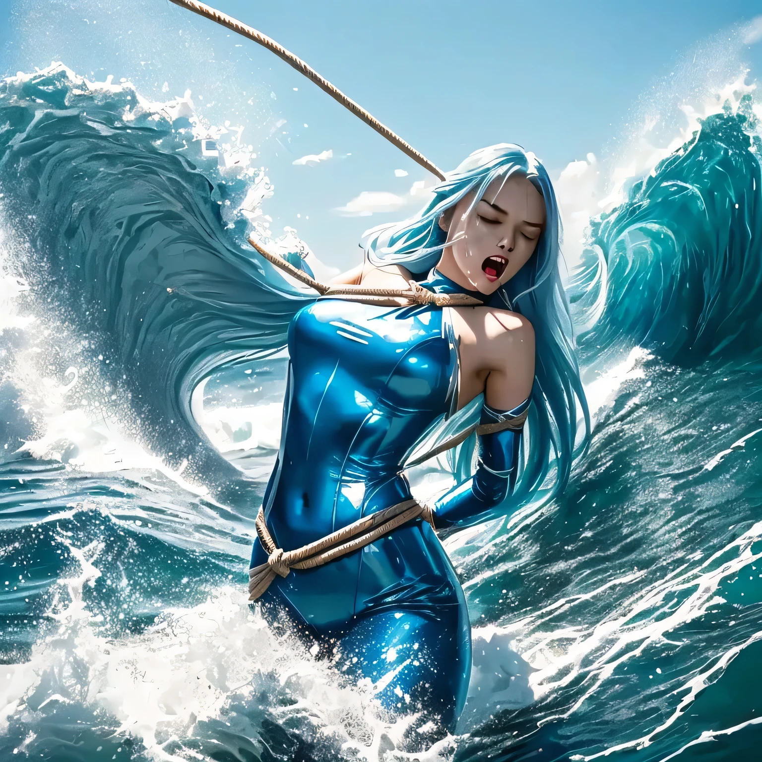 superheroine, she has long long gorgeous light blue hair, slender body, latex, leotard, blue and white costume, battles, bravery, cool action, but she was captured by enemy. ((rough rope wrapped around body, tighten up)), shibari, static restrained, ((arms behind back)), chained, rope bind, collared, cruelly, painful, helpless, humiliating, regrettable, ((screaming in pain)), ((running away desperately on the sea)), ((brown away by big wave)), impatient, falling body, eyes closed, ((directly large wave), lean back, body lying down, body fall down, floating in air, full body shot, on the sea.