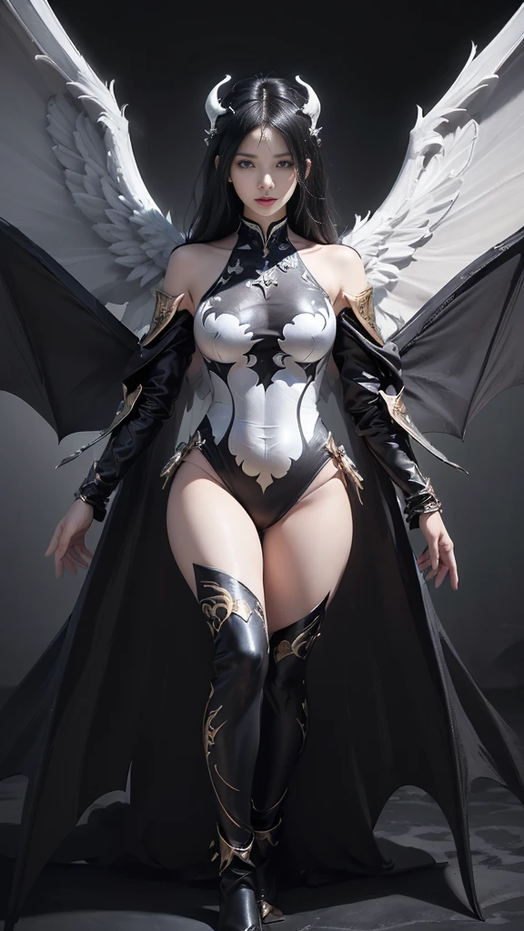 emphasis on wings, Wings grow from the shoulders, Angel wings and devil wings, White wings and black wings, ปีกbigโตทรงพลัง, (Realistic picture, highest resolution, 16ก), (A demon god with wide wings and enormous power on his shoulders., Twelve wings on the shoulders, Three black bat wings:1.2 3 white angel wings:1.5), 6 angel wings, 6 devil wings, (Beautiful girl with two meter long hair, Shiny black hairงาม, Smooth white skin, Lips are very red..), ((stand, เรียบร้อยalready)), (หน้าอกbig, เต้านมbig), (gigantic breast, breast augmentation, Breast 400 cc.., small waist, hips raised, small thighs, Long legs), (dynamic poses), (Armor that slightly covers the body), Separate theme, (Angel wings and devil wings), floating in the air above the groundดิน, background darkness, Embraced with twelve wings, Horns grow from the head., Those who have light, Wearing little armor, Energy comes out of the body.., sparkling wings, White light, black light, Amazing wings, beautiful posture, 8K resolution, Resolution 4000 x 2250 pixels, beautiful posture, Angel wings and devil wings, (Realistic picture, highest resolution, 16ก), (A demon god with wide wings and enormous power on his shoulders..., Twelve wings on the shoulders., Three black bat wings:1.2 , 3 white angel wings:1.5), Angel wings and devil wings, White wings and black wings, Angel wings and bat wings, Wings between wings, 12 Wings, 6 angel wings, 6 bat wings, Angel wings and devil wings, White wings and black wings,, (Beautiful girl with two meter long hair, Shiny black hair, Smooth white skin, Lips are very red..), My hair is very long., ((stand, already)), (หน้าอกbigโต, Plump breasts), (gigantic breast, small waist, hips raised, small thighs, Long legs), (dynamic poses), (Black and white tight suit, There are beautiful patterns.., Decorated with gold embroidery., Show your breasts), Separate theme, (Angel wings and devil wings), floating in the air above the ground, background darkness, Embraced with twelve wings, He is white and black.., A glowing rainbow on the back of the head, The biggest breasts, big , Backdrop of the Universe, dynamic gesture, Drive skin, Smooth white skin, Multi-layered wings,