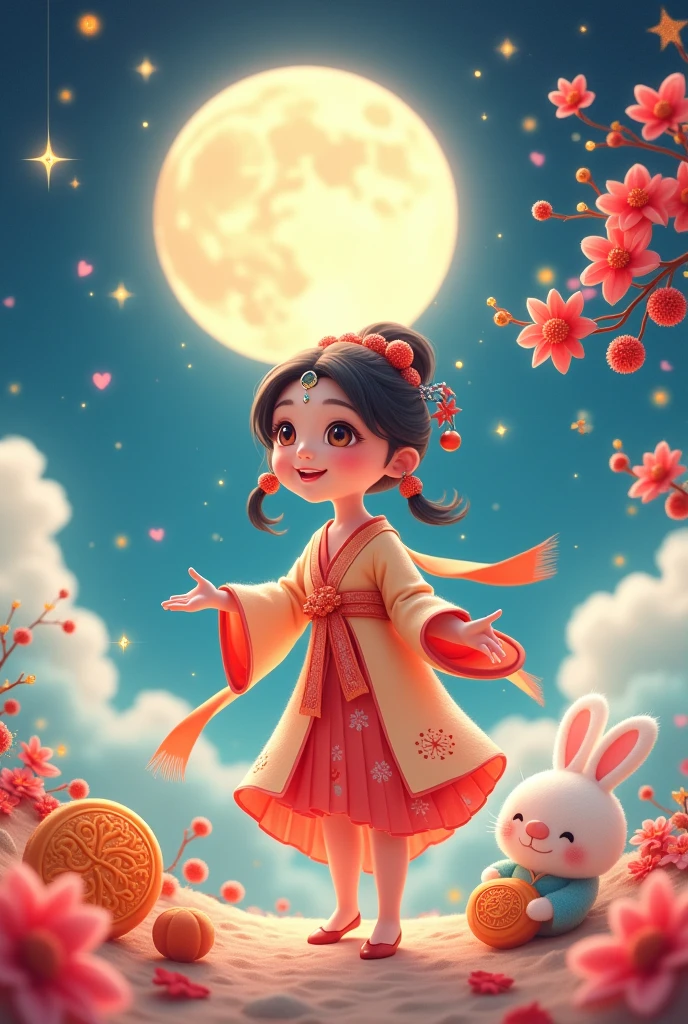 [Vision:1.0]，[Wide Angle:1.0]，(8k，Bright colors，Bright，Ultra high saturation，rgb, Bright colors), Cartoon, Character Design, antiquity，Vibrant Chinese Aesthetics，Microphotography, Felt style, 1 girl wearing Hanfu, Crescent earrings，Raise your eyebrows，Jade Phoenix Branch，Forehead Gem，(Look directly at the audience:15)，iridescent gradient fluorescent ribbons，Felt clothing looks soft and warm in the moonlight, She stood under the bright moon, Dancing lightly, Surrounded by the tranquil night sky and hazy clouds, There is a round moon cake next to the girl., Looks sweet and delicious, Next to it is a cute rabbit holding another mooncake., Sparkling stars, Colorful flowers, Seems to be enjoying the food of this festival, Vibrant and fun, Poster design style, Exquisite，Light Wave，Tradition，Exquisite，Perfect composition，超HD，Create a soft, Flowing atmosphere, Beautiful overall composition，microorganism，plant，Marine Life，Exquisite的眼睛，Starry Sky，Abstract mosaic painting，Describing the inner world of autistic people，Sense of space，White Space，interesting，Innocence，Psychedelic Art，可爱的Q版Cartoon风格，Simple background，Bright colors的插图，Vibrant colors，Full body portrait，HD，High resolution image Q-version style