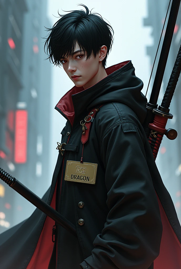 a male, short black hair around age 25, add red glowing color on right eye ball, add small black mole at face on left cheek, wearing tech white cloak, slim body, holding katana, cyberpunk, big name tag and add text "FAYRUL MATA DRAGON" on clock, holding katana, have bow on back, walking toward camera.