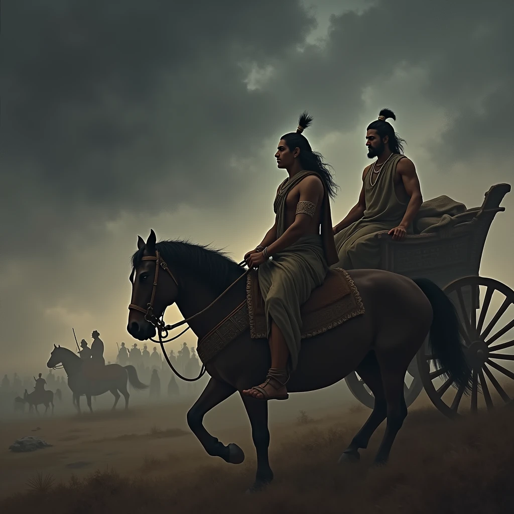 Depict Arjuna standing in his chariot on the battlefield, with a troubled and conflicted expression as he gazes at the opposing army. The scene should emphasize his deep moral dilemma, with a focus on his anguished face and tense posture. Surrounding him, faint, shadowy figures of the Kauravas (the sons of Dhritarashtra) should appear, symbolizing the ‘aggressors’ he is reluctant to fight. The background should be a mix of dark, stormy skies and an eerie calm, highlighting the tension between duty and morality. Krishna, beside Arjuna, should have a compassionate and understanding expression, subtly guiding Arjuna through this inner conflict. The overall atmosphere should convey a sense of impending doom and the heavy burden of making a righteous decision.
