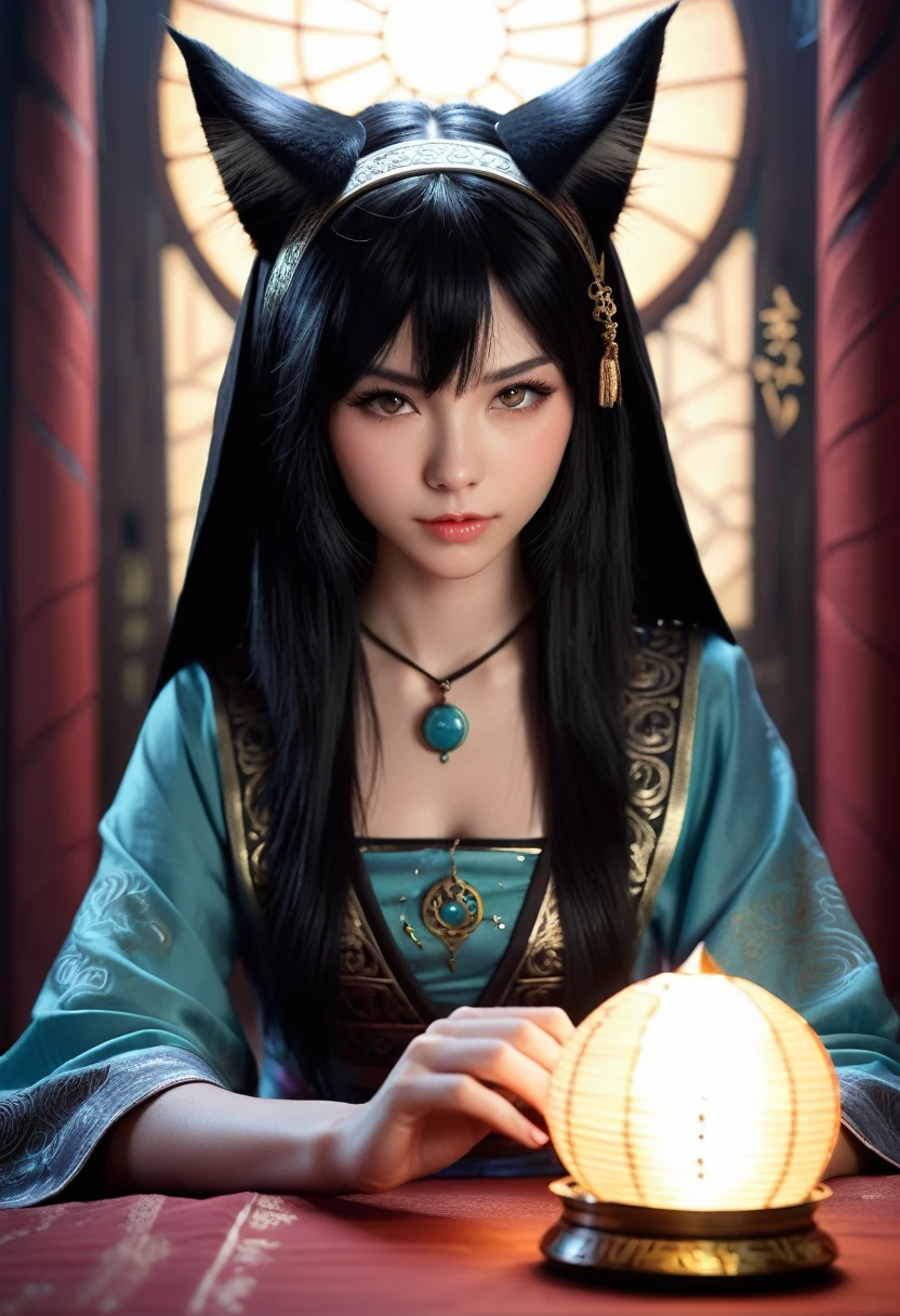 Monster Girl, Cat ear,20th Generation, fortune teller,Realistic Women, Black Hair,cute,spiritual,Front face