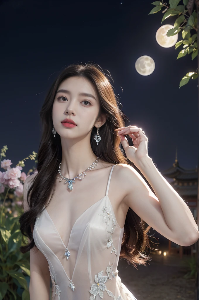 (((best quality))),(((ultra detailed))),(((masterpiece))),illustration,((1 beautiful girl,solo)),(long straight bob:0.8),((earrings,crystal necklace)),((slim,thin)),((small breasts,flat chest)),(stockings:1.3),(a gigantic moon in the clear night sky as the background:1.3), gentle glow,(Standing in the world full of vibrant flowers:1.3),(gorgeous white sheer Chinese dress:1.3),sparkling eyes,graceful,(colorful flowers:1.3), kaleidoscope, shimmer,bright moonlight, delicate petals, fragrance, otherworldly, magical realm, enchantment, tranquility, essence of beauty, peace,(outdoor:1.),(night scene:1.3),((from front,upper body))