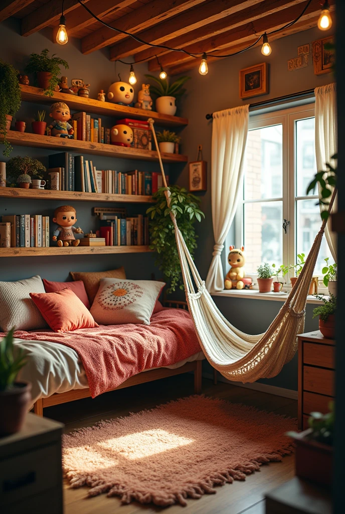 Hipster bedroom with lots of decor and figure collection of smiski and ambient lighting add more decorations and smiski collections and add a bookshelf filled with good books and a white hammock in the corner