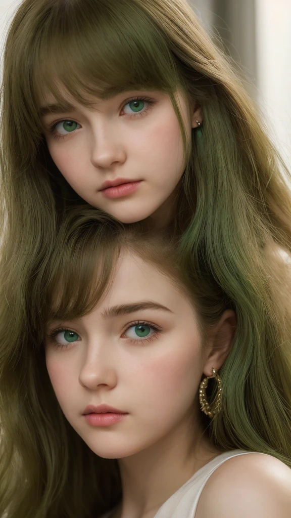 a girl. European. Extremely detailed face. Oval face. Delicate facial features. Half-closed eyes. Long straight hair. Messy hair. bangs. Green hair. Green eyes. earrings. Neutral expression. Shy