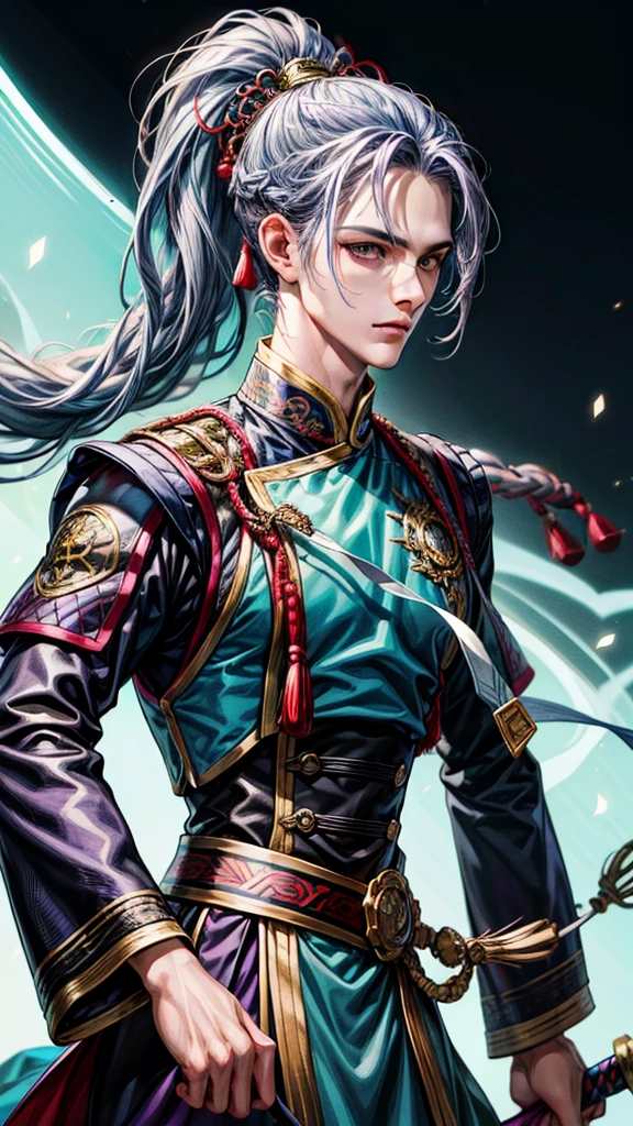 Best quality at best,tmasterpiece,very detailed wallpaper,Long hair in a ponytail,Purple eye,Hide arms,bblurry,longer sleeves,blur backgroun,solo,1boy,mature,Handsome and handsome,blue hairs,Chinese outfit,Righteous handsome feeling,malefocus,looking at viewert,long sword,gown,hair adornments, ssmile,facial closeups,Face portrait,clubs,Ice