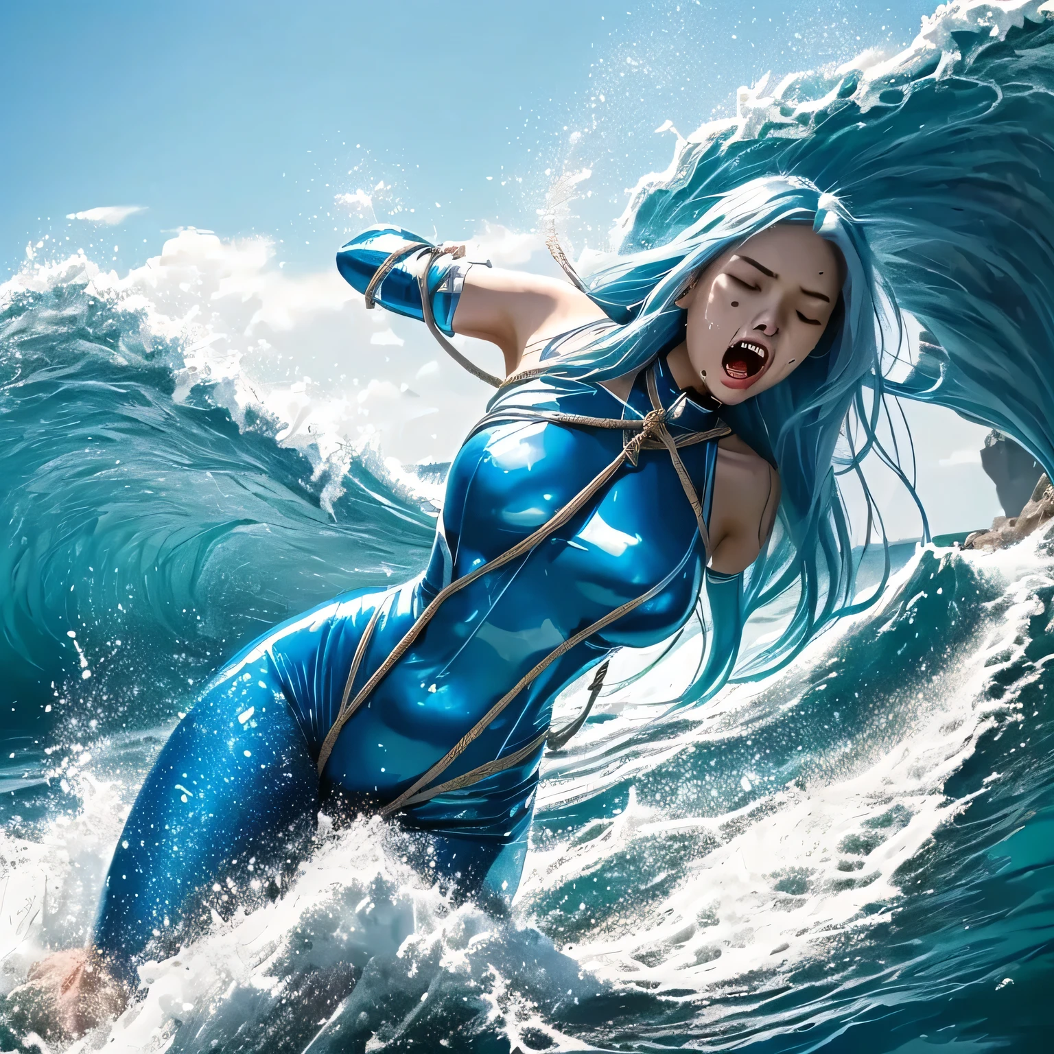 superheroine, she has long long gorgeous light blue hair, slender body, latex, leotard, blue and white costume, battles, bravery, cool action, but she was captured by enemy. ((rough rope wrapped around body, tighten up)), shibari, static restrained, ((arms behind back)), chained, rope bind, collared, cruelly, painful, helpless, humiliating, regrettable, ((screaming in pain)), ((running away desperately on the sea)), ((brown away by big wave)), impatient, falling body, eyes closed, ((directly large wave), lean back, body lying down, body fall down, floating in air, full body shot, on the sea.