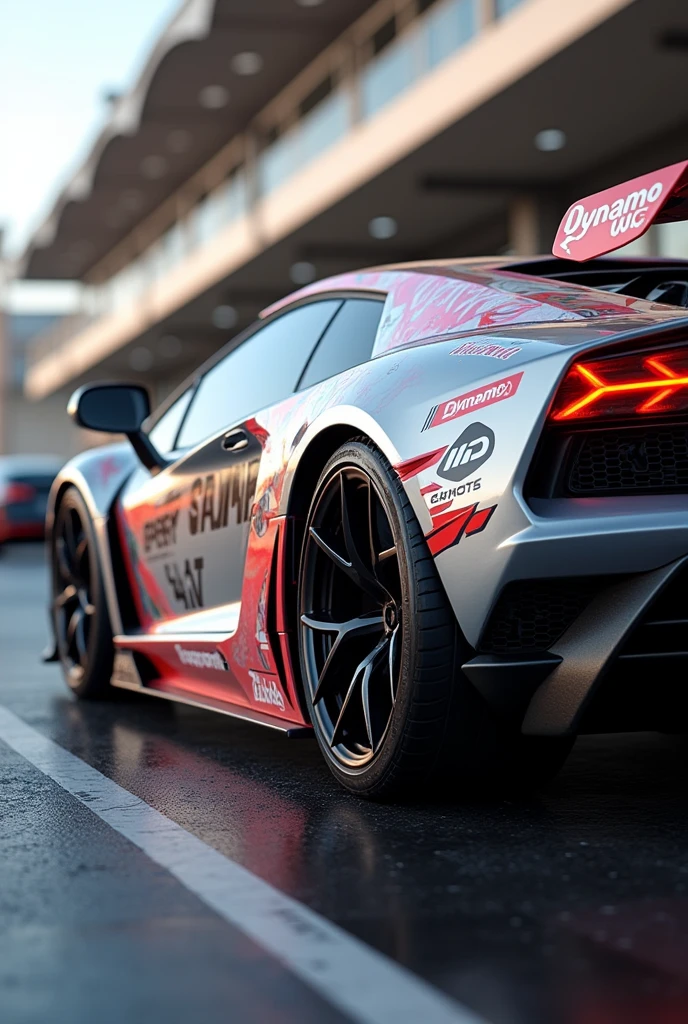 Image of a car with sports stickers with the name Dynamo WS 