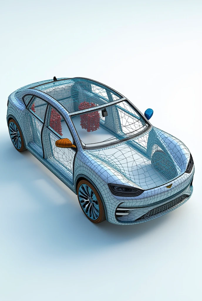 An example of a finite element mesh applied to a specific component, like a vehicle hood. This model shows how the structure is discretized for stress and force analysis..