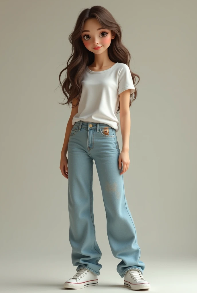 Beautiful girl, white converse sneaker, t-shrit, light blue pee jeans, pee stain on her jeans in croch area