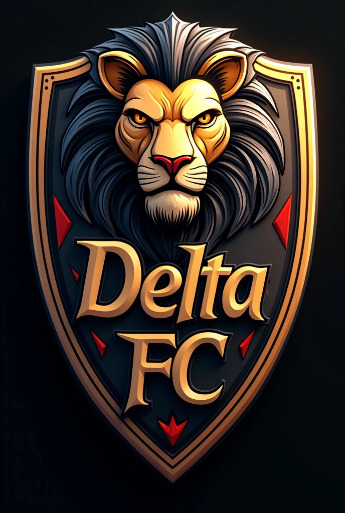FOOTBALL SHIELD OF A TEAM CALLED DELTA FC, whose main mascot is a lion and its colors are black, Gold with fine red details Let the name be on the shield,  Inspired by Bogota, Colombia