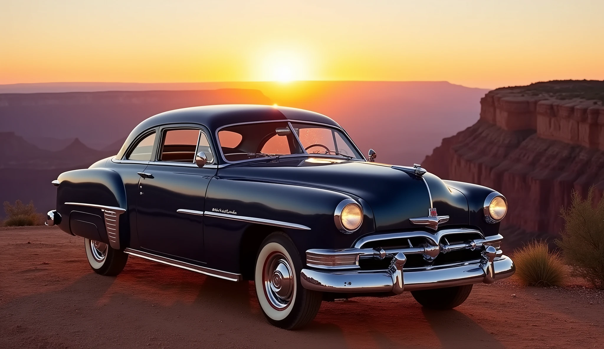 Mercury Eight 1949 Dark blue in the Grand Canyon with a sunset 