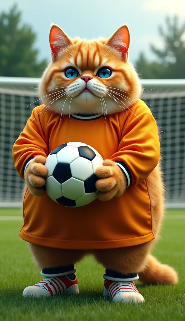 Make a picture of a fat obese orange cat, blue eyes, become a football goalkeeper, wear soccer shoes, carrying a black and white ball, facing the camera, with the goal of the ball field in the background, full body, wide, super realistic 8k images