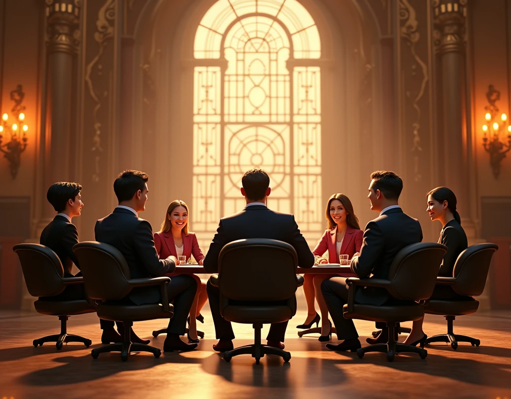 wide back view of successful entrepreneurs small crowd , sitting down in a majestic hall, pixar character, pixar renderman render, pixar octane render, pixar, as a pixar character, pixar portrait 8 k photo, depicted as a pixar character, pixar render, ideal pixar character, 3d model pixar render, render in pixar, by Pixar, pixar 3d render,