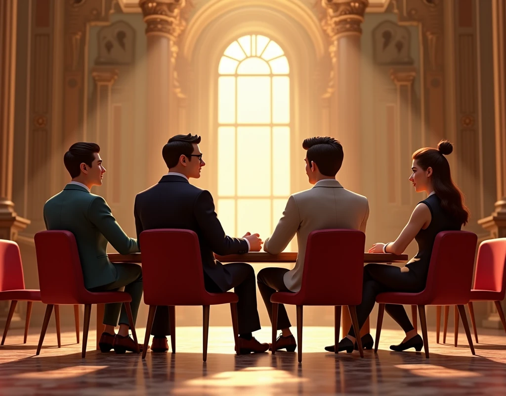 wide back view of successful entrepreneurs small crowd , sitting down in a majestic hall, pixar character, pixar renderman render, pixar octane render, pixar, as a pixar character, pixar portrait 8 k photo, depicted as a pixar character, pixar render, ideal pixar character, 3d model pixar render, render in pixar, by Pixar, pixar 3d render,