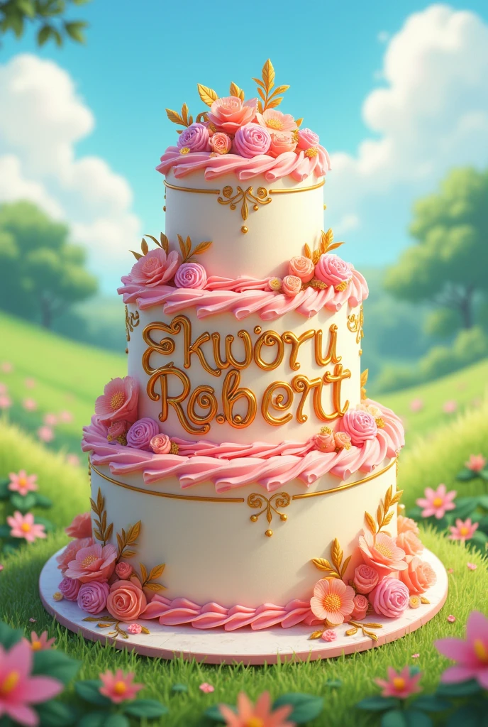 Design a birthday cake with the name Ekworu Robert in it 
