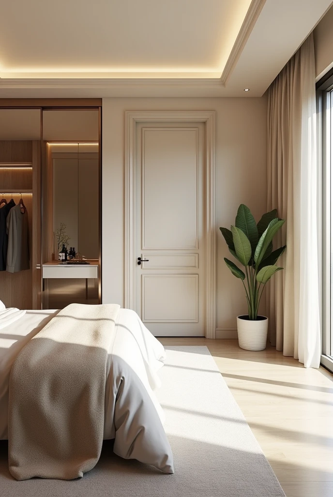 Photorealistic Modern and luxury bedroom interior design ideas in creame color theme.with bed near to bedroom door, door is located at left wall side of the bed. dressing room next to bedroom door , transparent glass cupboard ,balcony on the right side of the bed. Generate exact same room