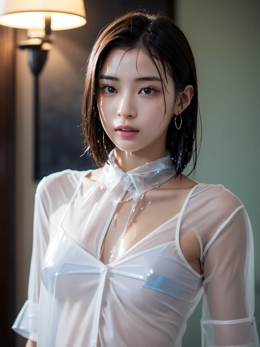 masterpiece:1.2, Very detailed, Ultra-high resolution, Realistic, photo Realistic:1.6, High-resolution RAW color photos, Professional photos, Sharp focus:1.2, Very detailed顔と肌の質感, Very beautiful eyes, Glossのある肌, Glowing Skin, Glowing Skin, Shining Face, Gloss, Oily skin, greasy face, Oily skin, greasy face,, real Glossのある肌 texture, Perfect Anatomy, Very detailed背景,(Luxury resort room at night)),1 female,2 woman, Japanese women,height: 168cm,short hair, Straight hair, bangs, Brown Hair,((Flat Chest:1.6)), (See-through white short-sleeved collared shirt),(A wet and very transparent shirt:1.6),(Open shirt:1.3),Luxury earrings、Luxury Necklace、A wet and very transparent shirt、A wet and very transparent shirt、Invite to sex