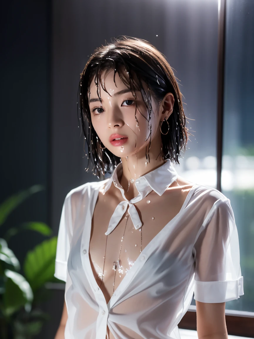 masterpiece:1.2, Very detailed, Ultra-high resolution, Realistic, photo Realistic:1.6, High-resolution RAW color photos, Professional photos, Sharp focus:1.2, Very detailed顔と肌の質感, Very beautiful eyes, Glossのある肌, Glowing Skin, Glowing Skin, Shining Face, Gloss, Oily skin, greasy face, Oily skin, greasy face,, real Glossのある肌 texture, Perfect Anatomy, Very detailed背景,(Luxury resort room at night)),1 female,2 woman, Japanese women,height: 168cm,short hair, Straight hair, bangs, Brown Hair,((Flat Chest:1.6)), (See-through white short-sleeved collared shirt),(A wet and very transparent shirt:1.6),(Open shirt:1.3),Luxury earrings、Luxury Necklace、A wet and very transparent shirt、A wet and very transparent shirt、Invite to sex