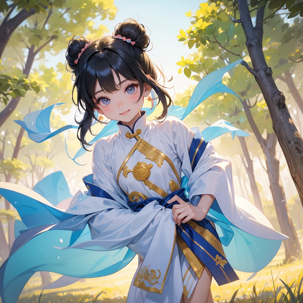 A chibi  girl had a small face and Wearing white little Taoist priest's outfit. A pair of big round eyes shone with curiosity about him. This childso cute! ,her hair is black with two buns on her hair.small chibi, chibi baby, smilThe little chibi boked up with chest raised, and his face was old and proud.

Standing in the middle of a wheat field。
