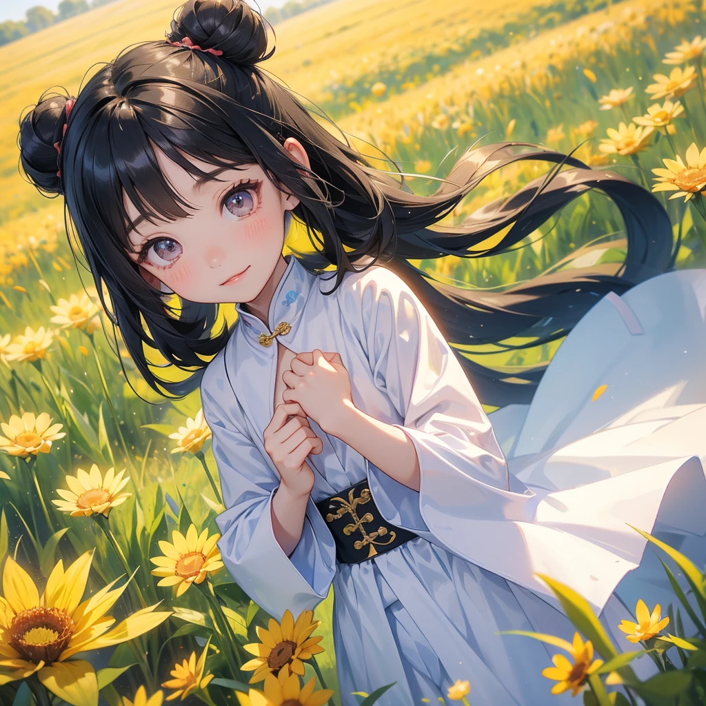 A chibi child girl had a small face and Wearing white little Taoist priest's outfit. A pair of big round eyes shone with curiosity about him. This child was so cute! ,her hair is black with two buns on her hair.small chibi, chibi baby, smiling,The little chibi baby looked up with his chest raised, and his face was old and proud.

Standing in the middle of a wheat field。
