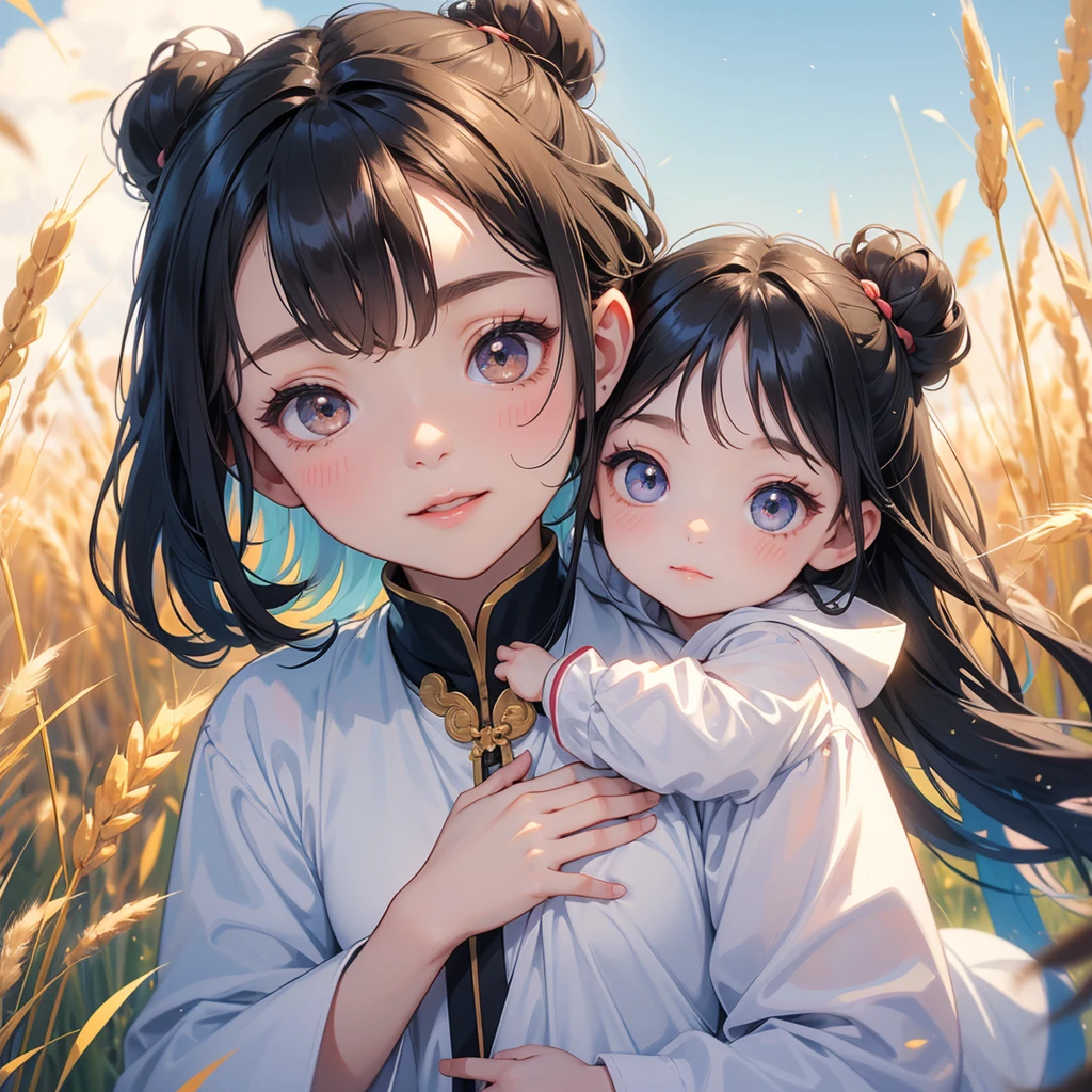 A chibi child girl had a small face and Wearing white little Taoist priest's outfit. A pair of big round eyes shone with curiosity about him. This child was so cute! ,her hair is black with two buns on her hair.small chibi, chibi baby, smiling,The little chibi baby looked up with his chest raised, and his face was old and proud.

Standing in the middle of a wheat field。
