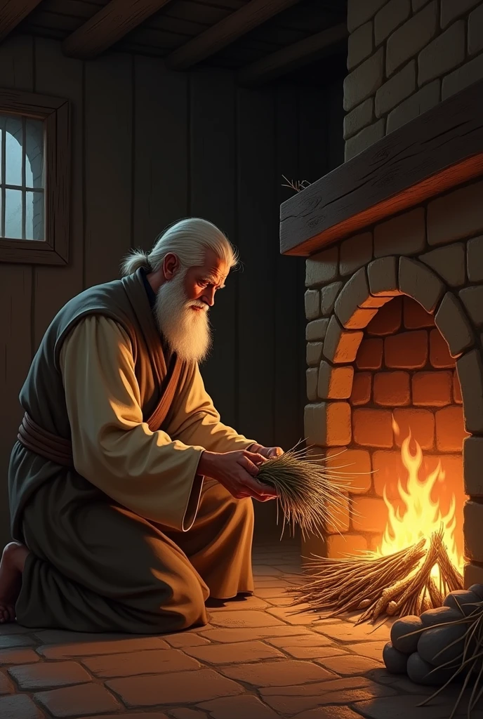 A village pastor adding dried grass to the fire