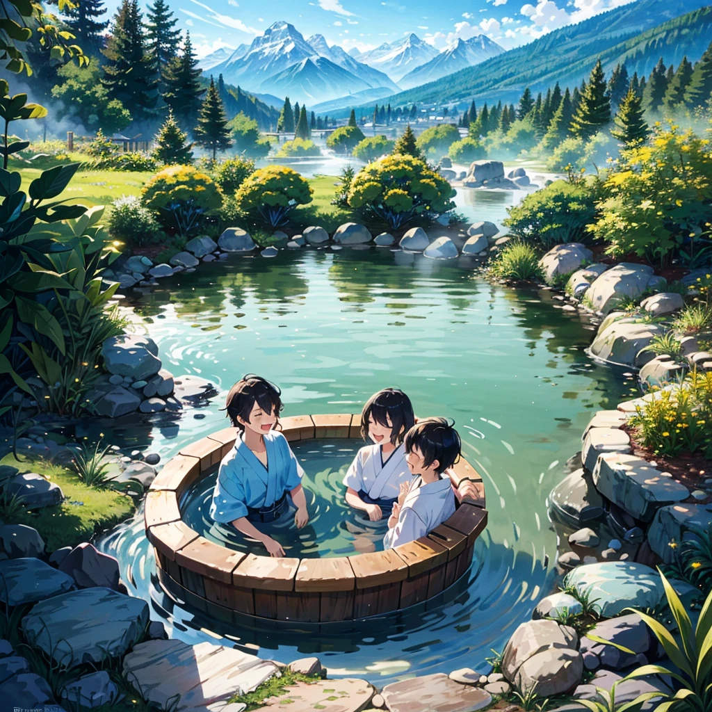 A group of high school students enjoying a visit to a hot spring. The scene is set in a serene, outdoor hot spring surrounded by lush greenery and mountains in the background. The students are diverse in appearance, with both boys and girls, wearing traditional yukatas. They are laughing and chatting as steam gently rises from the water, creating a relaxing and joyful atmosphere.