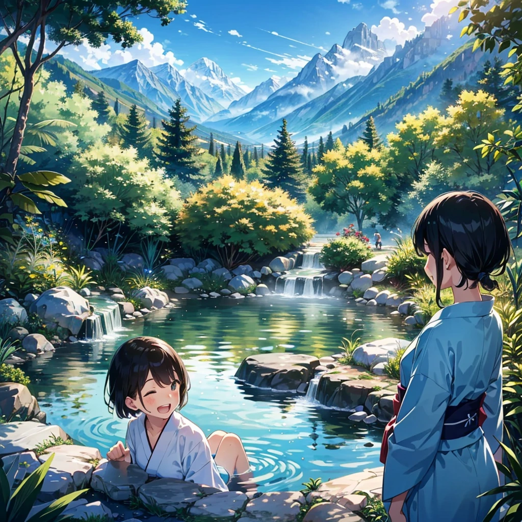 A group of high school students enjoying a visit to a hot spring. The scene is set in a serene, outdoor hot spring surrounded by lush greenery and mountains in the background. The students are diverse in appearance, with both boys and girls, wearing traditional yukatas. They are laughing and chatting as steam gently rises from the water, creating a relaxing and joyful atmosphere.