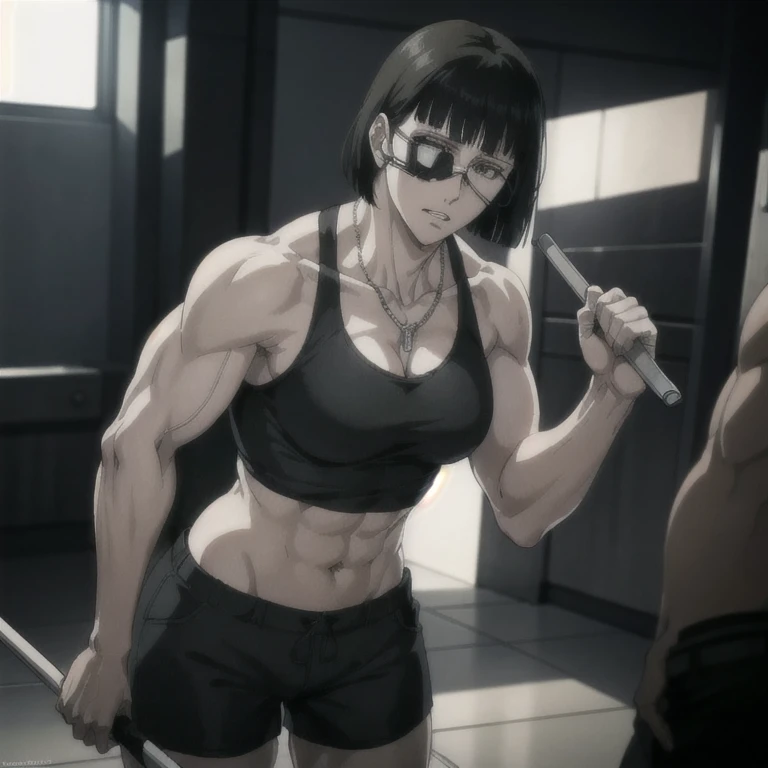 best quality,ultra-detailed,realistic:1.37),musclaur badass girl with sculpted body with preview her musclaur body and six-pack, full review of the female character's face and body, intense expression, strong and confident posture, studio lighting, vivid colors, physiologically-based rendering, grungy texture, rugged background, dust particles in the air, commanding presence, professional, powerful, gritty aesthetics,,Valmet،short hair,necklace,Light reflection on shoulders,clean muscles،wearing black sport shorts and blue gym tank top,tattoos on shoulders،muscles review( girl solo),eyepatch,Shining muscles,eyes detailing,fat free body,veins in muscles,penis growth inside shorts,Photo session,Matching remix,With both hands holding a metal rod, holding a jacket in another hand