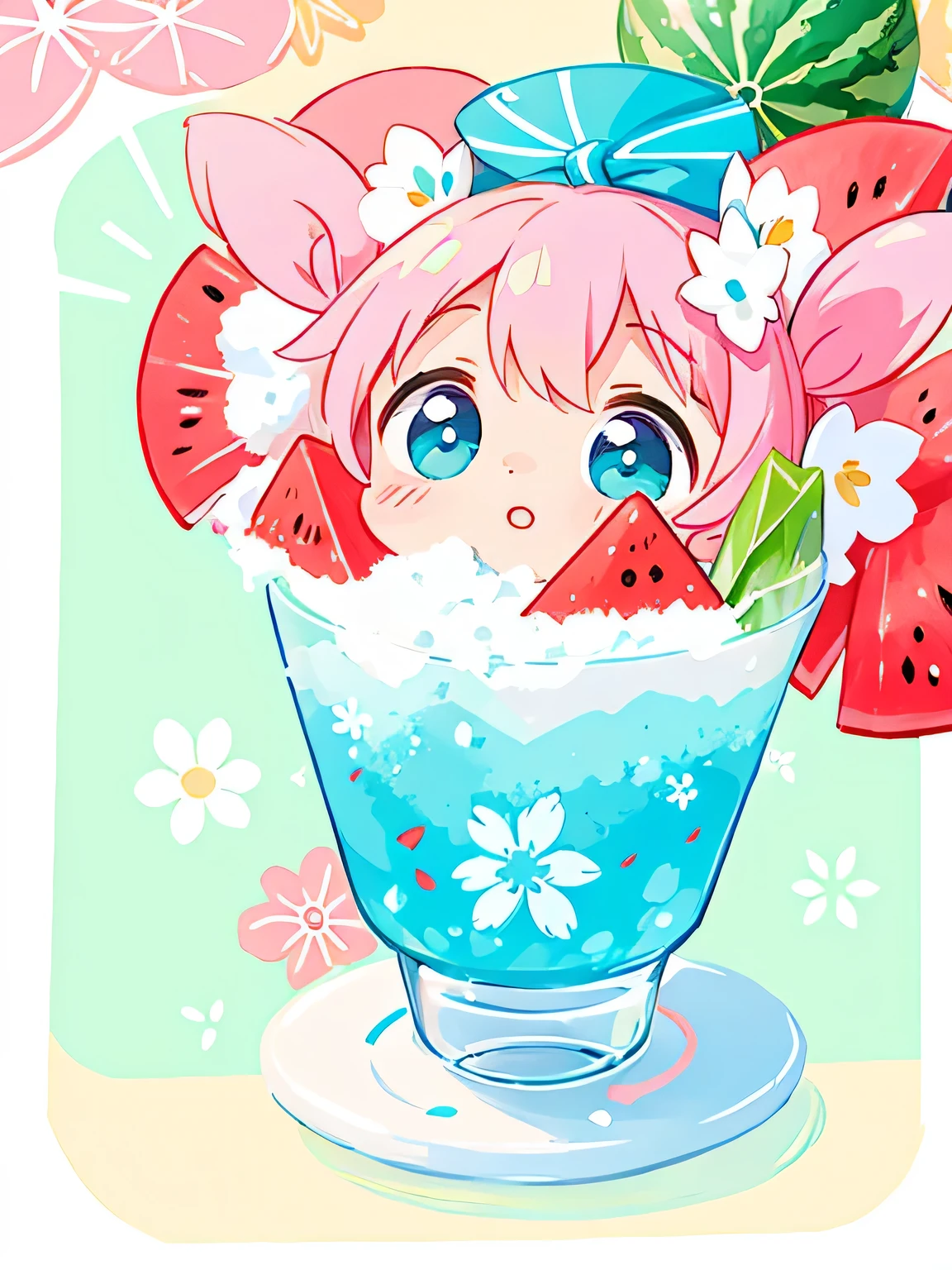 Momoko Sakura colorful style, Kawaii Design, Watermelon shaved ice