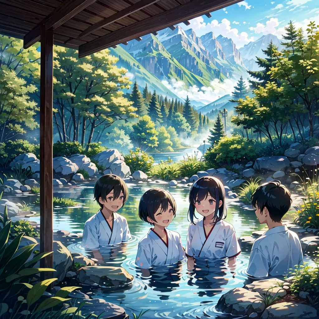 A group of high school students enjoying a visit to a hot spring. The scene is set in a serene, outdoor hot spring surrounded by lush greenery and mountains in the background. The students are diverse in appearance, with both boys and girls, wearing traditional yukatas. They are laughing and chatting as steam gently rises from the water, creating a relaxing and joyful atmosphere.