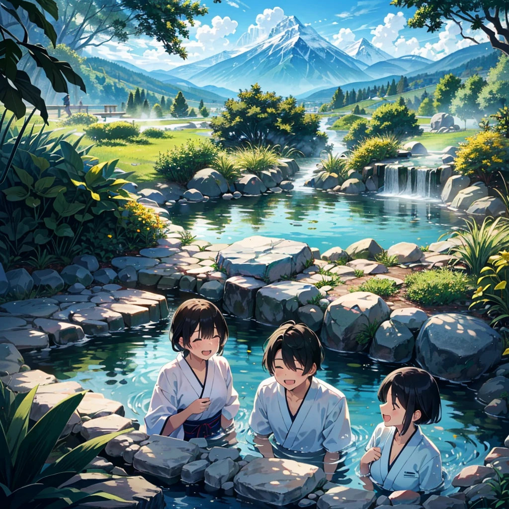 A group of high school students enjoying a visit to a hot spring. The scene is set in a serene, outdoor hot spring surrounded by lush greenery and mountains in the background. The students are diverse in appearance, with both boys and girls, wearing traditional yukatas. They are laughing and chatting as steam gently rises from the water, creating a relaxing and joyful atmosphere.