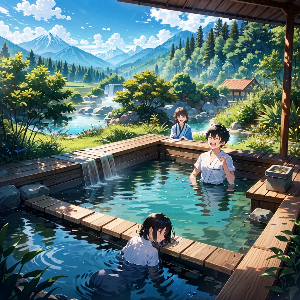 A group of high school students enjoying a visit to a hot spring. The scene is set in a serene, outdoor hot spring surrounded by lush greenery and mountains in the background. The students are diverse in appearance, with both boys and girls, wearing traditional yukatas. They are laughing and chatting as steam gently rises from the water, creating a relaxing and joyful atmosphere.