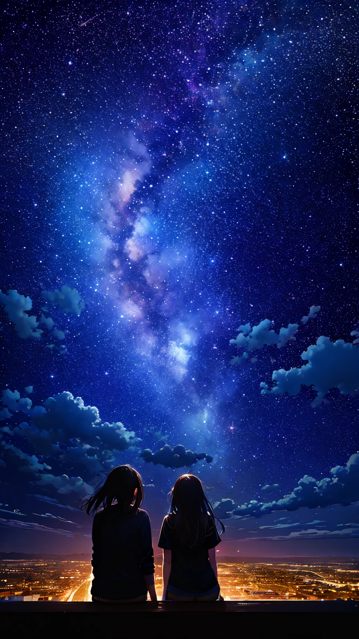 octans, sky, star (sky), scenery, starry sky, night, 1girl, night sky, solo, outdoors, building, cloud, milky way, sitting, tree, long hair, city, silhouette, cityscape