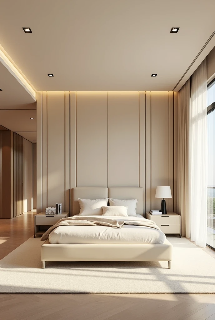 Photorealistic Modern and luxury bedroom interior design ideas in creame color theme.with bed near to bedroom door, door is located at left wall side of the bed. dressing room next to bedroom door , transparent glass cupboard ,balcony on the right side of the bed. Generate exact same full room