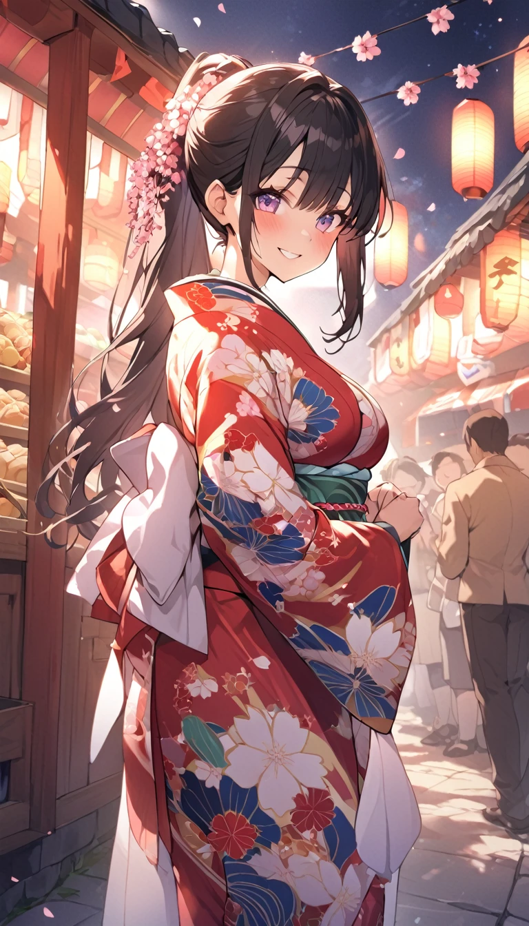 One Woman、beautiful girl、night、nightcherry blossoms、kimono、Beautiful patterned kimono、ponytail、Waraji、spring、cherry blossoms々、はためくcherry blossomsの花びら、Long Hair、Highest quality、Ultra HD、Black Hair、smile、8 heads、White tabi socks、Japanese Umbrella、smile、Cowboy Shot、festival、Many food stalls、Beautiful views、Turn your body forward、Accentuate your breasts、Entire body facing forward、Send a love letter to the audience