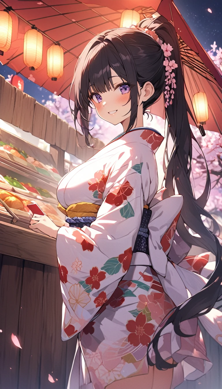 One Woman、beautiful girl、night、nightcherry blossoms、kimono、Beautiful patterned kimono、ponytail、Waraji、spring、cherry blossoms々、はためくcherry blossomsの花びら、Long Hair、Highest quality、Ultra HD、Black Hair、smile、8 heads、White tabi socks、Japanese Umbrella、smile、Cowboy Shot、festival、Many food stalls、Beautiful views、Turn your body forward、Accentuate your breasts、Entire body facing forward、Send a love letter to the audience
