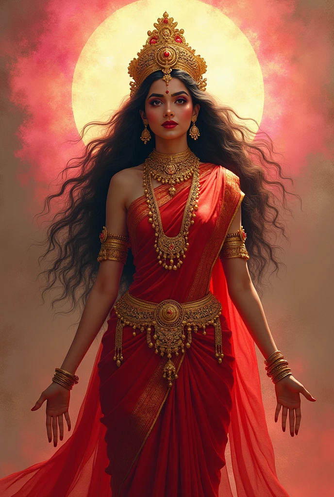 Create a high resolution image of Maa Durga wearing red saree, sitting on a red and all kind of jewellery on her body. Give her Indian facial features and make it look like a old water colour painting. The colour must be in saturated red colour, golden and white. Create a pinkish, golden glow around her body. Her eyes must be sharper, more like a bow shaped, less round. Use less blush or make up on her face.