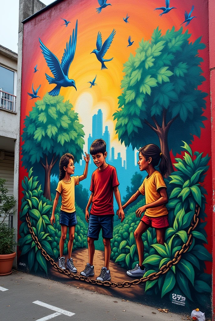 Generate a graffiti, based on the words: Freedom, youth, Restrictions and ignorance with birds and trees