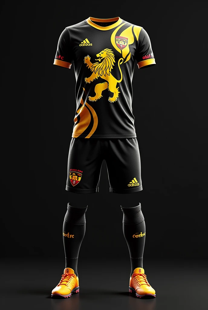 Football uniform of a team called Delta FC, whose main mascot is a lion and its colors are black, Gold with fine red details Let the name be on the shield, Inspired by Bogota, Colombia, created in 2023