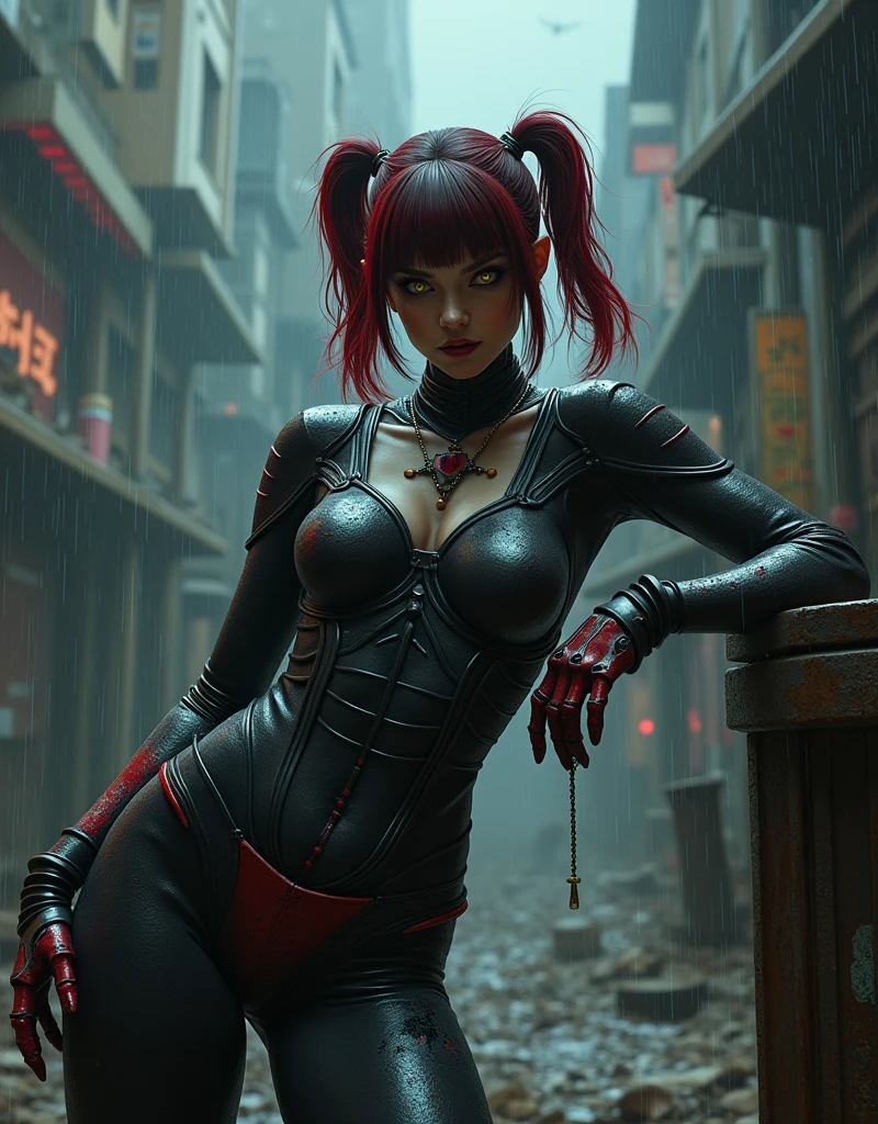 (masterpiece, best quality) HUNT:SHOWDOW, Masterpiece in high-resolution 16K UHD high detail, inspired by half "mechanical spider girl", half “MEGAMAN-X” and (“Hunt: showdown"), style, highlighting an atmosphere of terror and macabre horror. | In a rain-drenched, devastated nocturnal "gotan city", a 30-year-old woman, dressed in an all-spider outfit, stands in the center of a chaotic scene. Her are encased in a tight and torn outfit, soiled with mud and blood. With short red-glitter-hair, voluminous bangs, and two pigtails, she stares directly at the viewer. Her yellow eyes convey innocence, while a large malevolent smile dominates her face. The surroundings are eerie, with destroyed city structures, rusty machines, hyper beast altars, and the threatening presence of spiders, dragons, and monsters. | The composition highlights the woman as the central element of the scene, with the camera positioned to accentuate her impactful presence. Sinister lighting emphasizes macabre details, creating a terrifying atmosphere. | Scene of a beast nurse in a destroyed nocturnal hospital, surrounded by demons and zombies. | {The camera is positioned very close to her, revealing her entire body as she adopts a hero_pose, interacting with and leaning on a structure in the scene in an exciting way} | ((perfect_pose)), She is adopting a ((Hero_pose as interacts, boldly leaning on a structure, leaning back in an exciting way):1.3), ((full body)), (perfect_fingers:1.0), (perfect_legs:1.0), better_hands, More_Detail